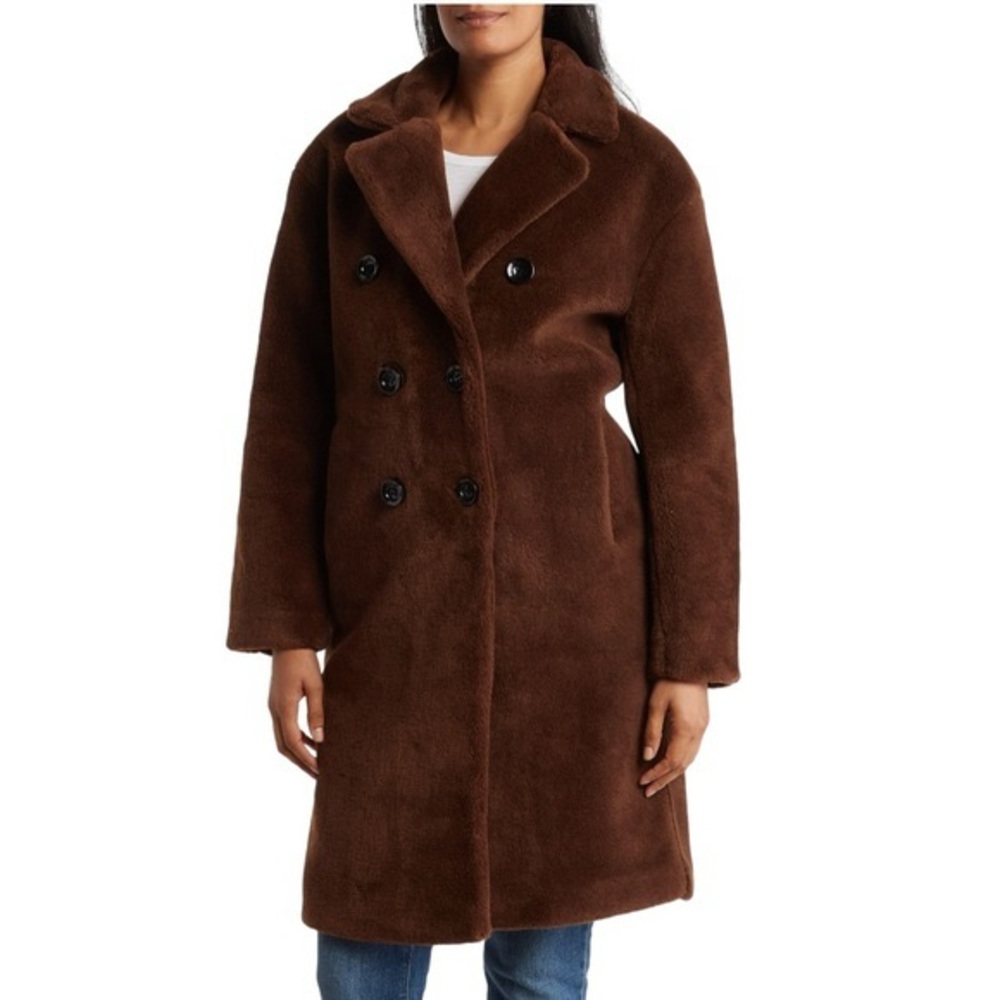 Rebecca Minkoff Brown Faux Shearling Double Breasted Pea Coat Size Medium